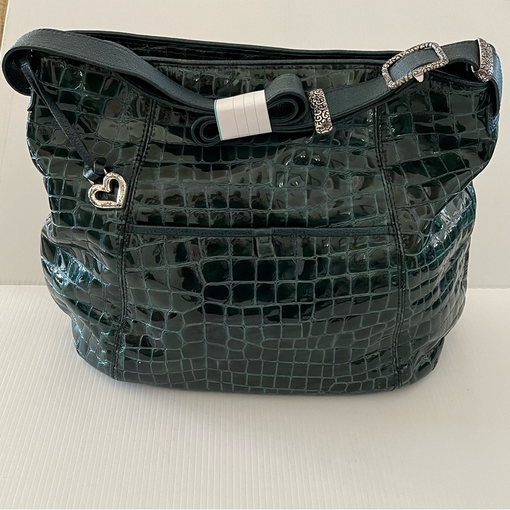 Vintage Brighton Jane Dark Teal Green Croc Embossed Patent Leather Shoulder Bag